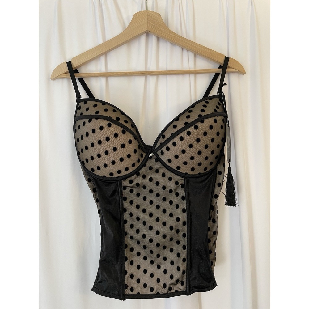 Kardashian Kollection NEW Black‎ Mesh Bustier Corset Top Bra Sexy 36DD Polka Dot